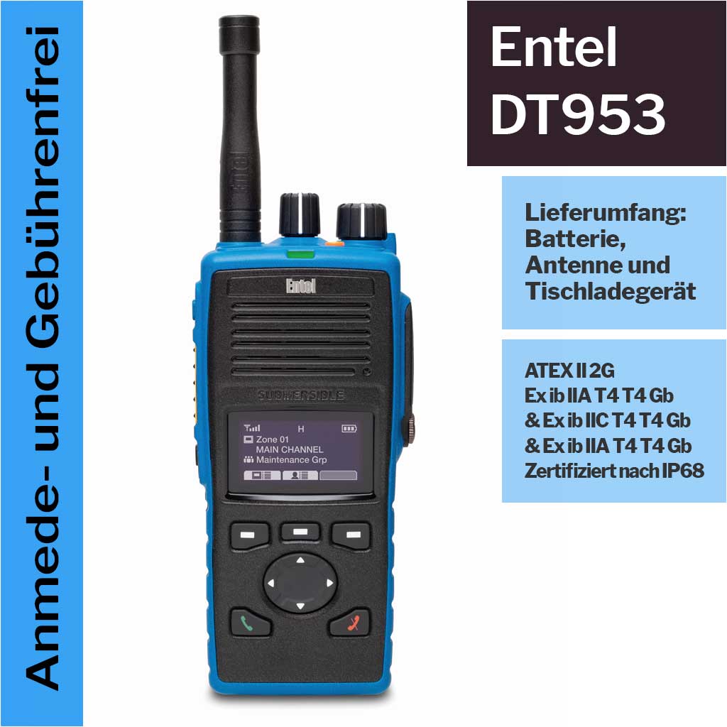 Entel DT953 Handfunkgerät PMR446 Lizenzfrei 0,5 Watt IP68 ATEX mit Display